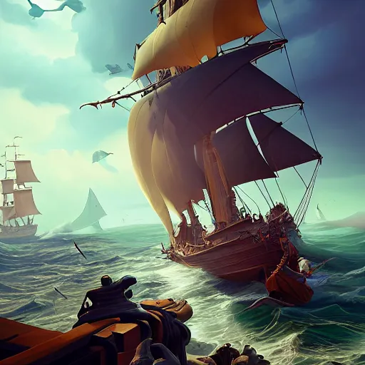 Prompt: flying dutchman in sea of thieves with actual dutch men, high detail, elegant, digital painting, cinematic lighting, vibrant, intricate, textured skin, highly detailed, artstation, sharp, focus, hdr, unreal engine 5, breathtaking ilya kuvshinov, nikolay makovsky