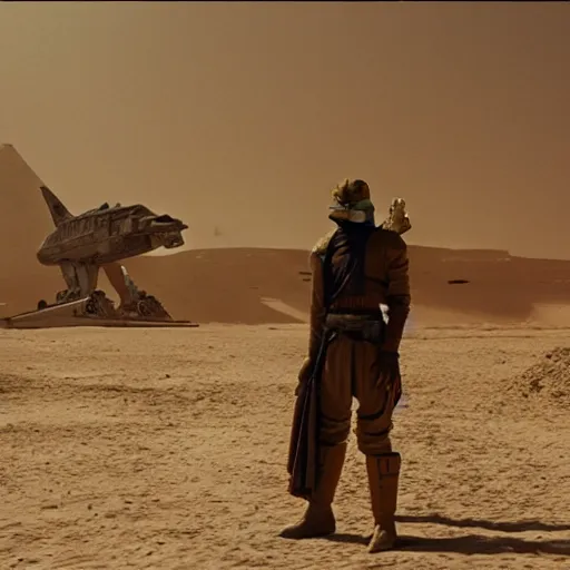 Prompt: Bossk standing in front of his ship on tatooine, movie still, cinematic