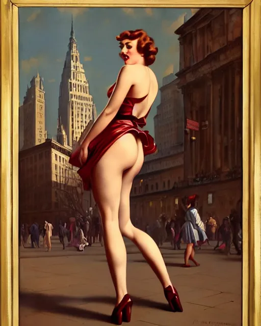 Prompt: pinup photo of hermione jean granger in the crowded square of the city, by greg rutkowski, gil elvgren, enoch bolles, glossy skin, pearlescent, very coherent, flat