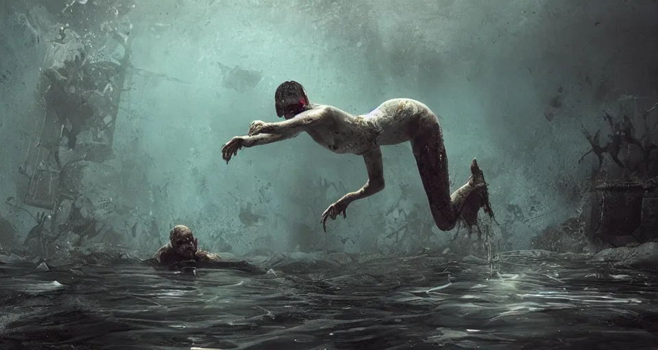 Image similar to highly detailed full body portrait of a zombie swimming underwater in a zombie - apocalypse, in a swimming pool, by greg rutkowski, octane render