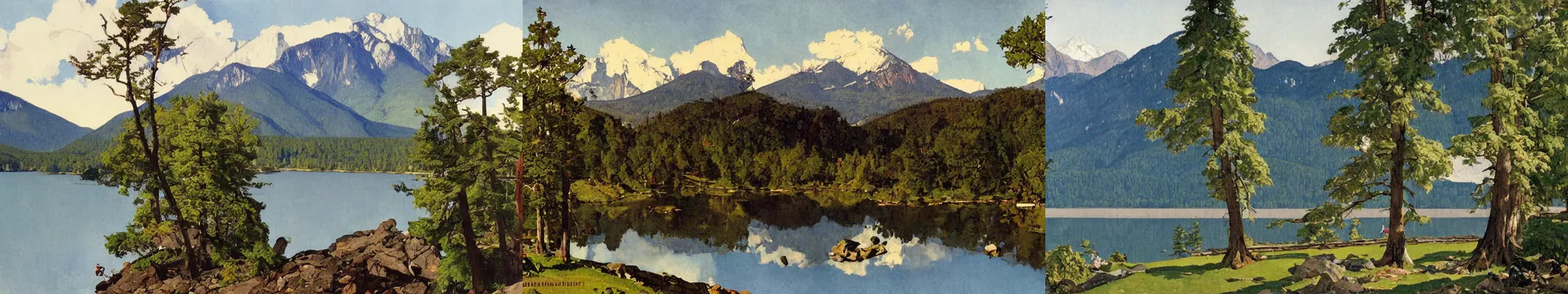 Prompt: mountains, trees, and lake, norman rockwell