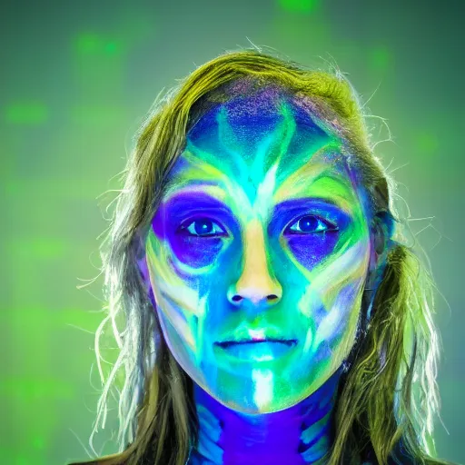 Image similar to a photo of a female made or of geodesic morfed structures, painted her body with ultraviolet paint, 5 0 mm lens, f 1. 4, sharp focus, ethereal, emotionally evoking, head in focus, volumetric lighting, 8 k