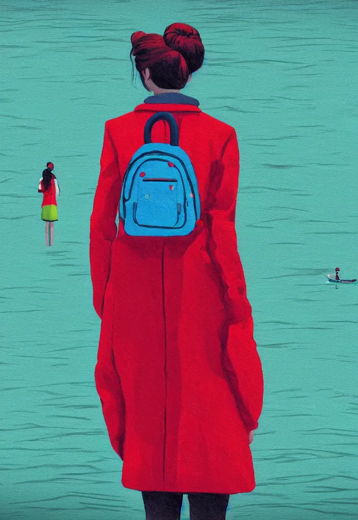 Image similar to wide shot rear view slr camera photographer woman hair in a bun kanzashi long red pattern coat backpack sneakers looking out over a placid lake, a character design painting, in the style of wes anderson, lola dupre, david hockney, isolated on negative white space background dark monochrome neon fluorescent spraypaint accents volumetric octane render, no double