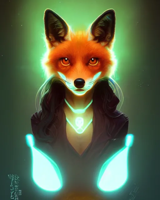 Image similar to one singular portrait of a cute bioluminescent 🦊, highly detailed, digital painting, cinematic, hyper realism, dark retrowave, art by Stanley Lau and Artgerm and magali villeneuve and Alphonse Mucha, artstation, octane render, cgsociety