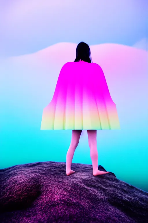 Image similar to high quality pastel coloured film close up wide angle photograph of a model wearing clothing swimming on cloud furniture in a icelandic black rock!! environment in a partially haze filled dreamstate world. three point light, rainbow. photographic production. art directed. pastel colours. volumetric clouds. pastel gradient overlay. waves glitch artefacts. extreme facial clarity. 8 k. filmic.