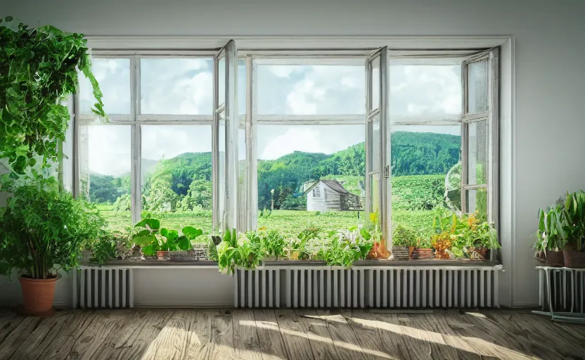 Image similar to photorealistic imagery of interior of house in vilalge, window, plants, cups, food, vegetable plant, field landscape