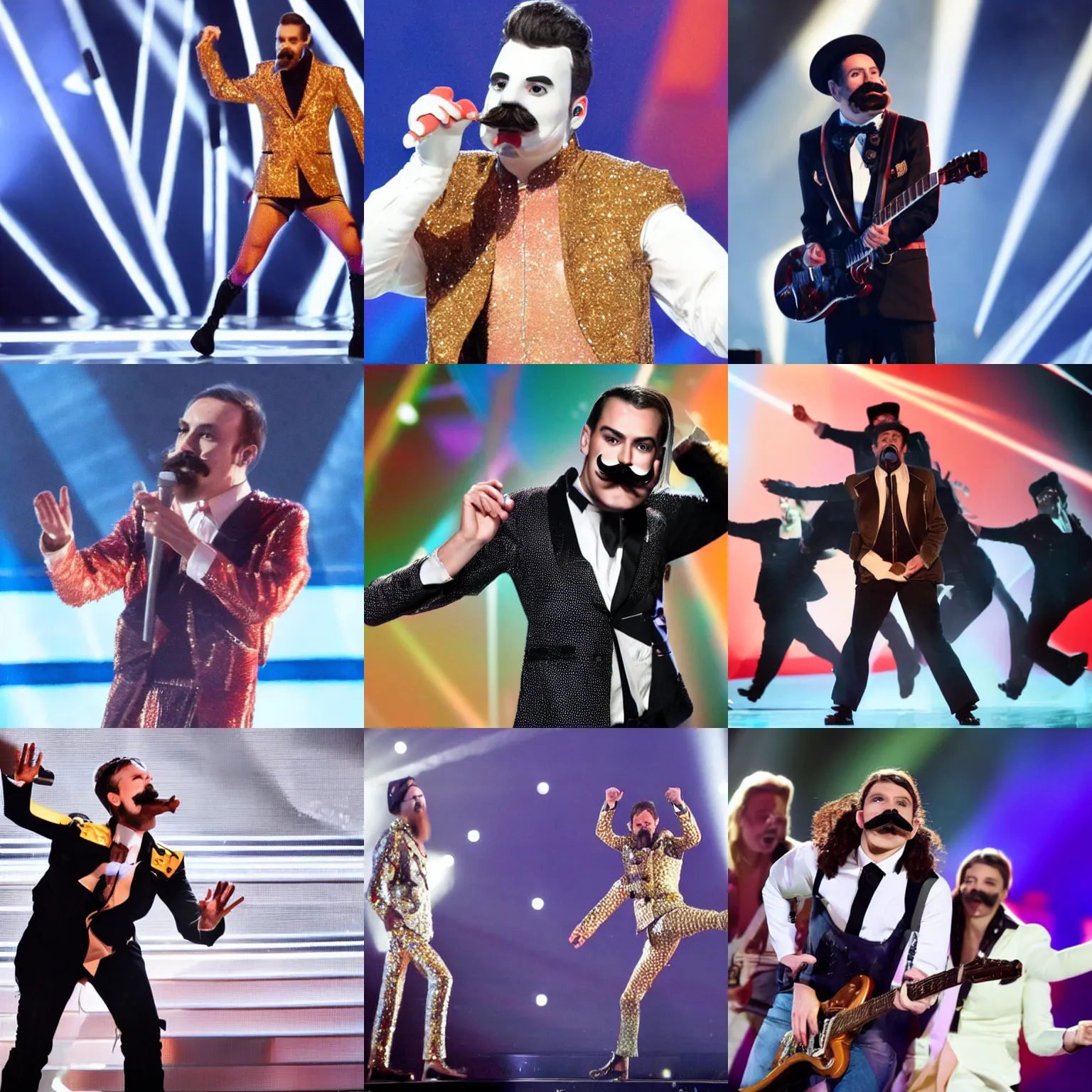 Prompt: a mustache with legs performing at eurovision