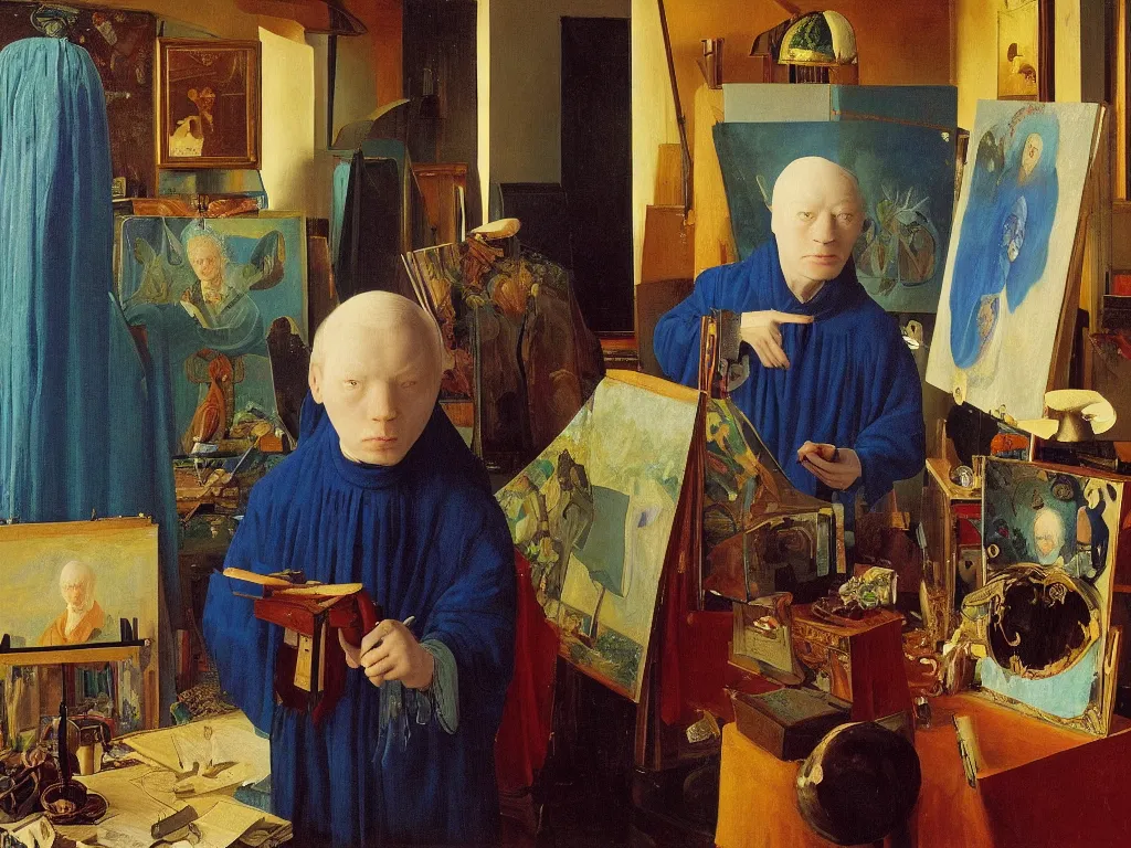 Image similar to Portrait of albino mystic with blue eyes, painting on a canvas in his studio. Painting by Jan van Eyck, Audubon, Rene Magritte, Agnes Pelton, Max Ernst, Walton Ford