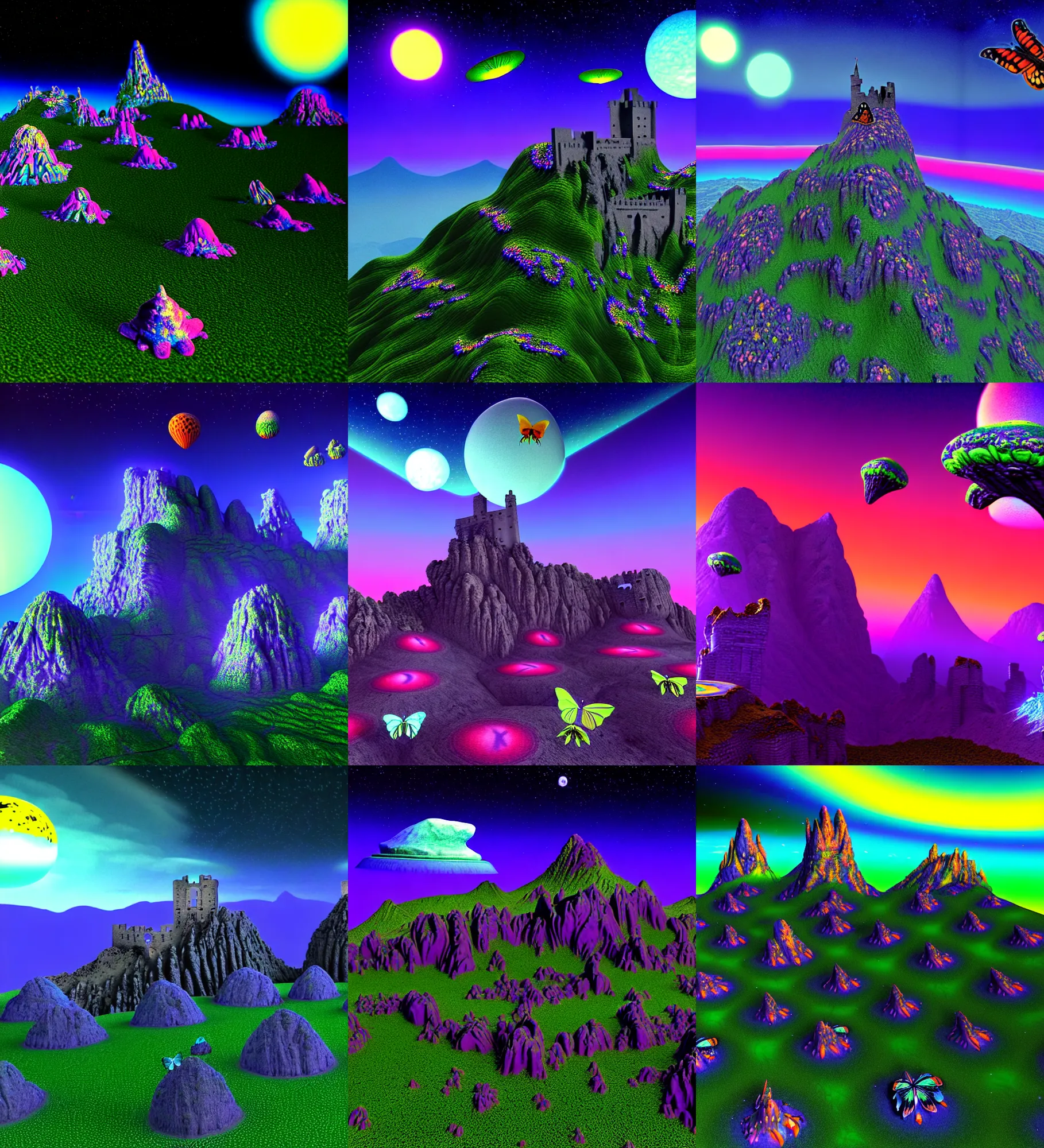 Prompt: 3 d render of raytraced mountain landscape with castle ruins with alien ufos in the night sky against a psychedelic surreal background with 3 d butterflies and 3 d flowers n the style of 1 9 9 0's cg graphics, lsd dream emulator psx, 3 d rendered y 2 k aesthetic by ichiro tanida, 3 do magazine, wide shot