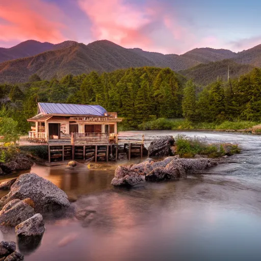 Prompt: DSLR still of a beautiful mountainside river with a pier and a outdated home at sunrise, 4k