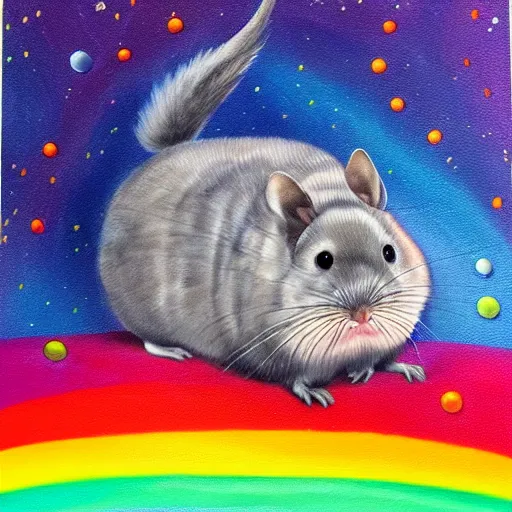 Image similar to oil painting of chinchilla with mean look in space with galaxy in background pooping rainbox jellybeans, rainbow jellybeans under chinchilla's tail