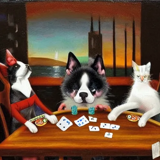 Image similar to two dogs and a cat playing poker at night, burgers everywhere