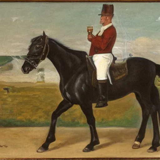 Image similar to painting of a man drinking a guinness on a horse