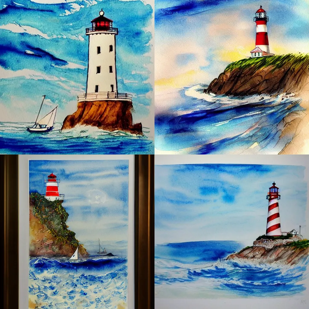 Prompt: A highly detailed beautiful stunning amazing sketch of a magical lighthouse, and a serene sailboat catching the wind, pristine rippling oceanic waves, by Orris Moe, vibrant watercolor painting.