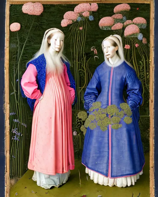 Prompt: portrait of two women with blue pink long hair wearing a blue jacket and baggy jeans, standing in a big garden full of plants and flowers, intricate details, high detail, in the style of rogier van der weyden and jacopo da pontormo, punk, asian art,