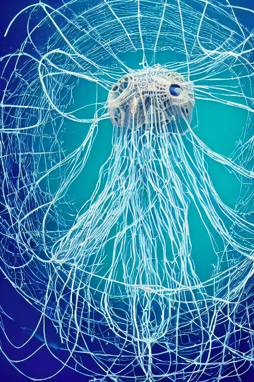 Prompt: a hypnotic jellyfish with tentacles made out of razor wire swimming underwater