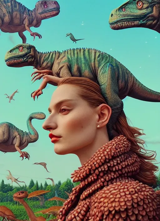 Image similar to pretty model with cute dinosaurs : : by martine johanna and simon stalenhag and chie yoshii and casey weldon and wlop : : ornate, dynamic, particulate, rich colors, intricate, elegant, highly detailed, vogue, harper's bazaar art, fashion magazine, detailed face, smooth, sharp focus, 8 k, octane render,