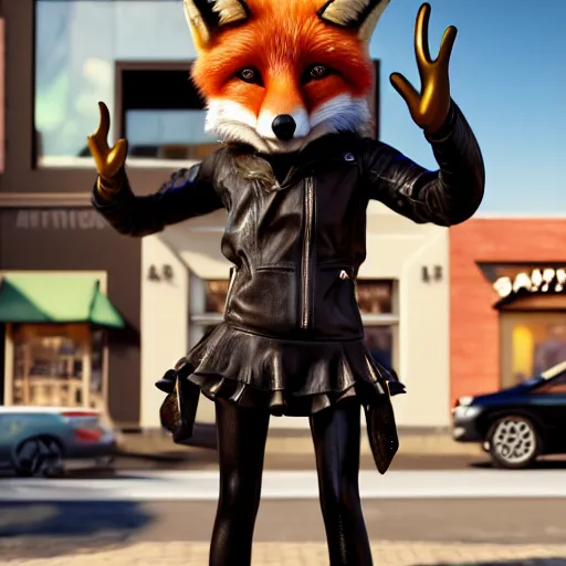 Prompt: a sweet anthro!! Fox wearing leather clothes and doing the peace sign standing in front of a Starbucks. cinematic, hyper realism, high detail, octane render, 8k, iridescent accents, render, trending on artstation, very coherent symmetrical artwork.