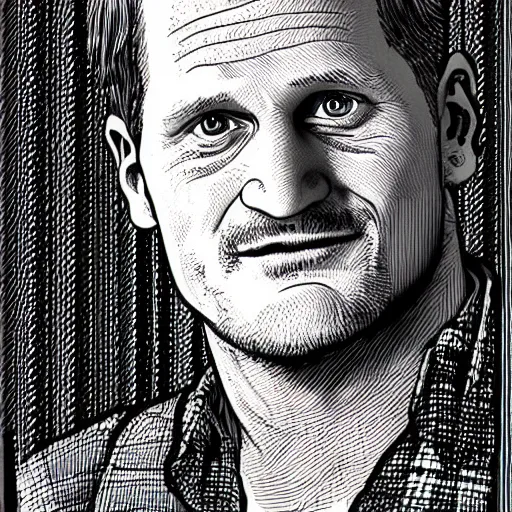 Image similar to a portrait illustration of Woody Harrelson drawn by ROBERT CRUMB