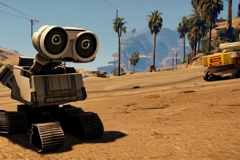 Image similar to wall - e in grand theft auto 5, heavy detailed, ultra high definition quality, gta 5 game engine graphics