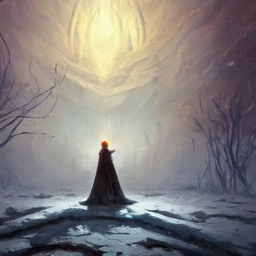 Prompt: winter frozen detailed landscape painting of Irreconcilable Personification by Anato Finnstark, Noah Bradley, Raymond Swanland, and Steven Belledin, 8k resolution, deviantart, trending on Artstation, concept art, digital illustration