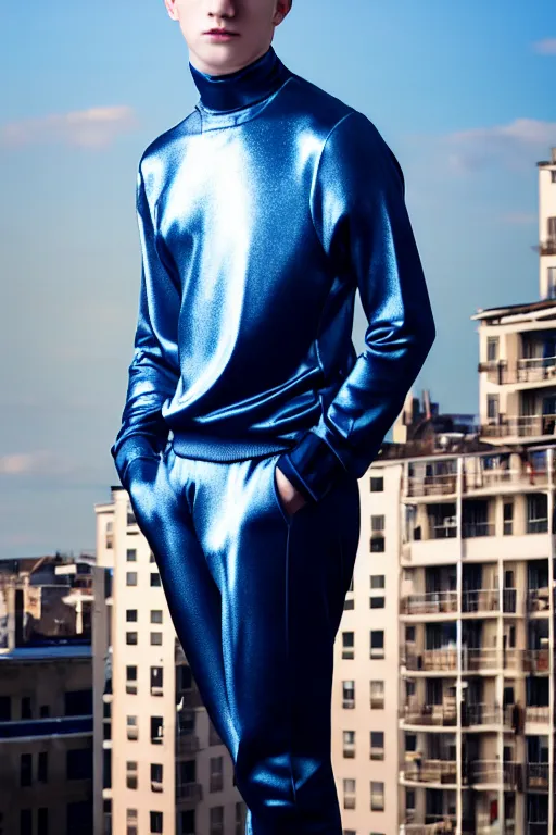 Image similar to un ultra high definition studio quality photographic art portrait of a young man standing on the rooftop of a british apartment building wearing soft padded silver pearlescent clothing. three point light. extremely detailed. golden ratio, ray tracing, volumetric light, shallow depth of field. set dressed.