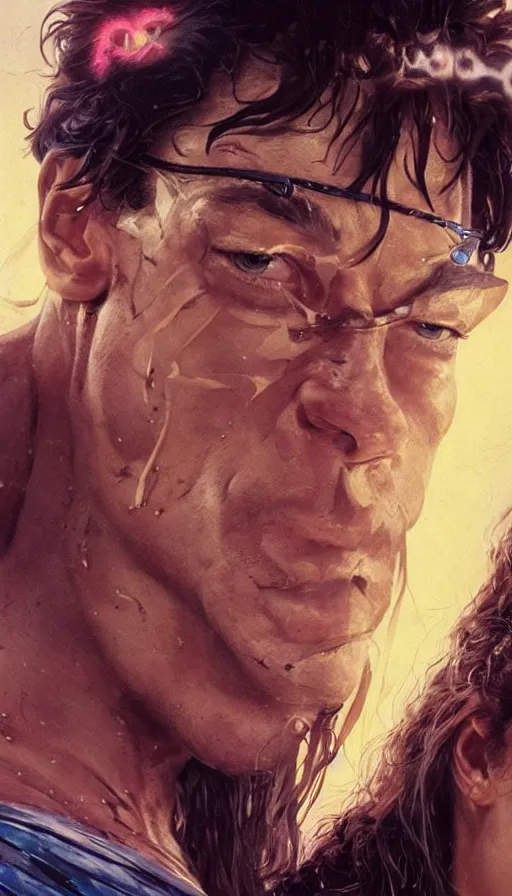 Image similar to young jean claude van damme and a young peasent woman, lord of the rings, conan, amazing beauty, visor, neon tattoo, styled hair, decorated ornaments by carl spitzweg, ismail inceoglu, vdragan bibin, hans thoma, greg rutkowski, alexandros pyromallis, perfect face, fine details, realistic shaded