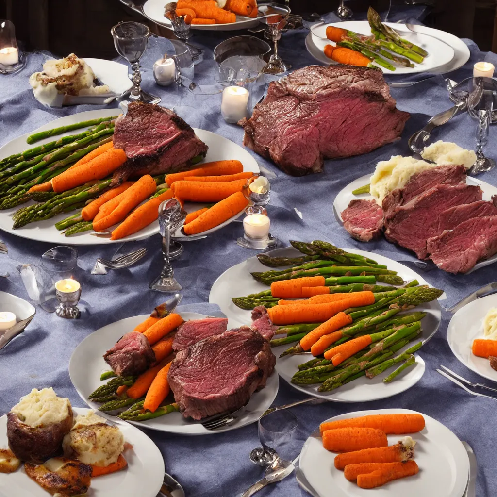 Image similar to product shot of a dinner with prime rib, asparagus, mashed potatoes and gravy, and steamed carrots with blue table cloth and lit candles in ornate silver candlesticks, ultra - realistic, photo realism, professional photograph, extreme detail, deep focus, laser sharp, volumetric lighting, atmospheric, five - star, luxury, elite