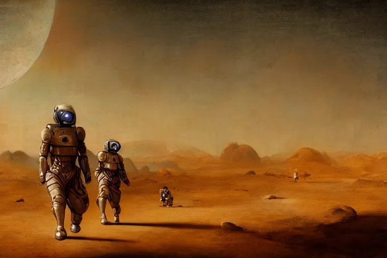 Prompt: humanoid androids ghosts walking through the desert with two moons on the horizon, in the style of jan lievens, highly detailed, elegant, intrincate, colorful, vivid, realist style, hyperdetailed, 4 k resolution, matte painting