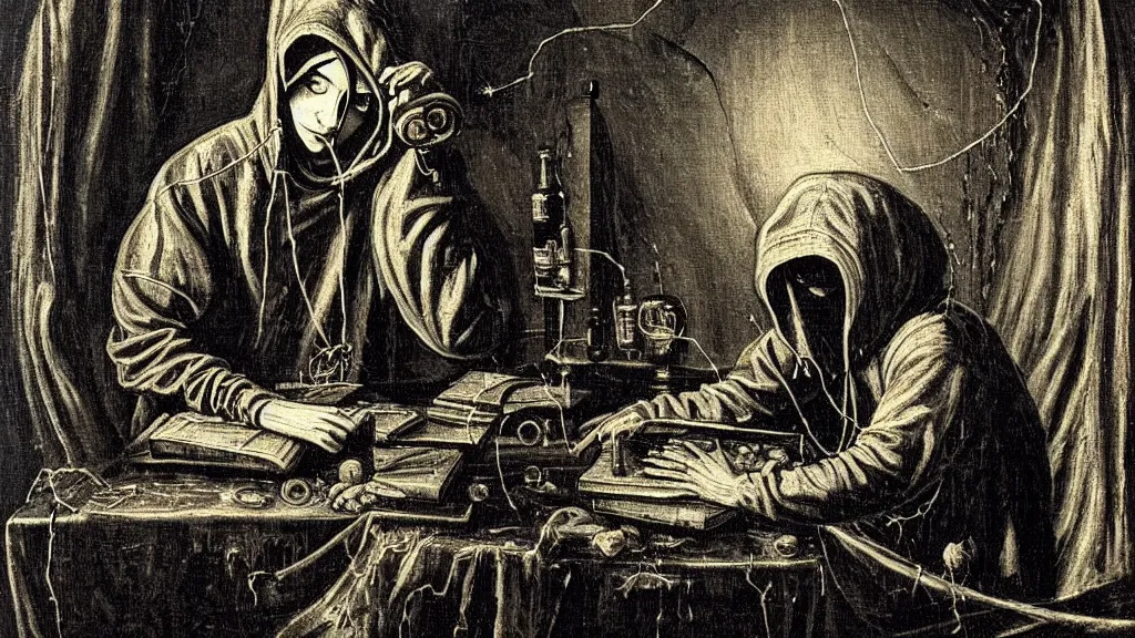 Prompt: prompt: a hacker in a hoodie, sitting in front of a monitor in a darkly lit rum Velasquez, nymph in the water performing alchemy, small flowers and cable wire around and on the side with artifacts and ancient book, intricate oil painting, high detail, Neo-expressionism, gnarly details