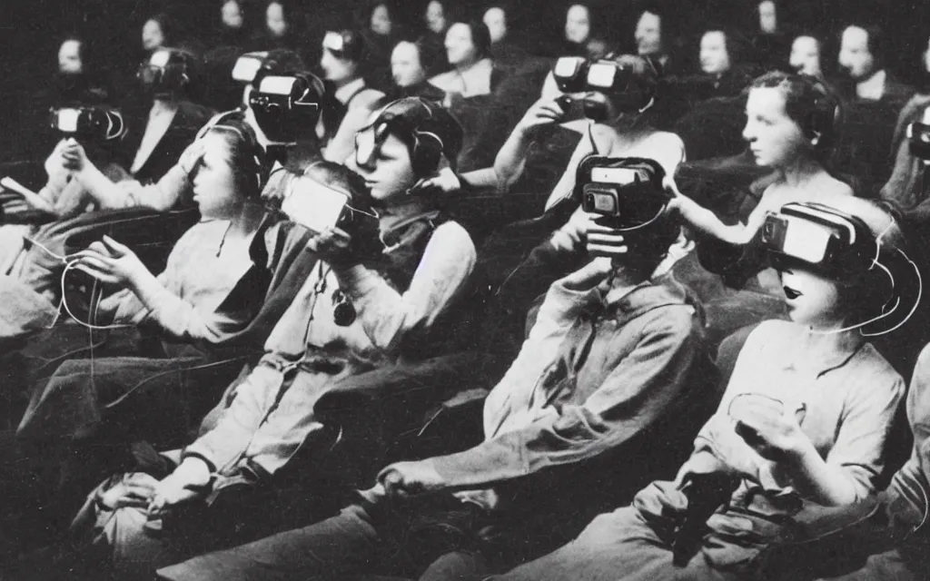 Image similar to 1 9 0 0 s photo of people using iphones ipods virtual reality headsets vr in a movie theater double exposure masterpiece