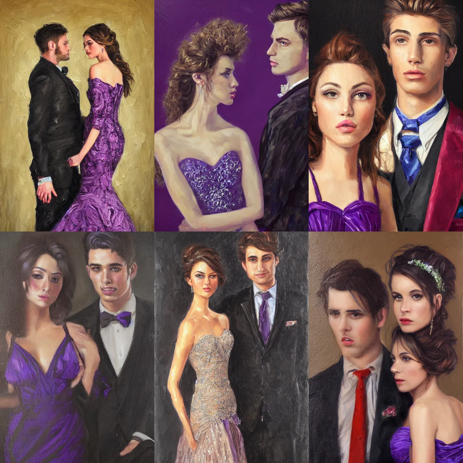 Prompt: a oil painting portrait of an attractive man and woman going to a prom, brunettes, highly detailed, symetrical detailed faces, rule of thirds, digital art, purple accents