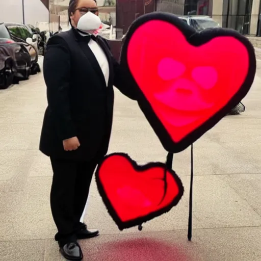 Prompt: a big man in a tux with small legs, heart shaped goden mask with white lights for eyes.