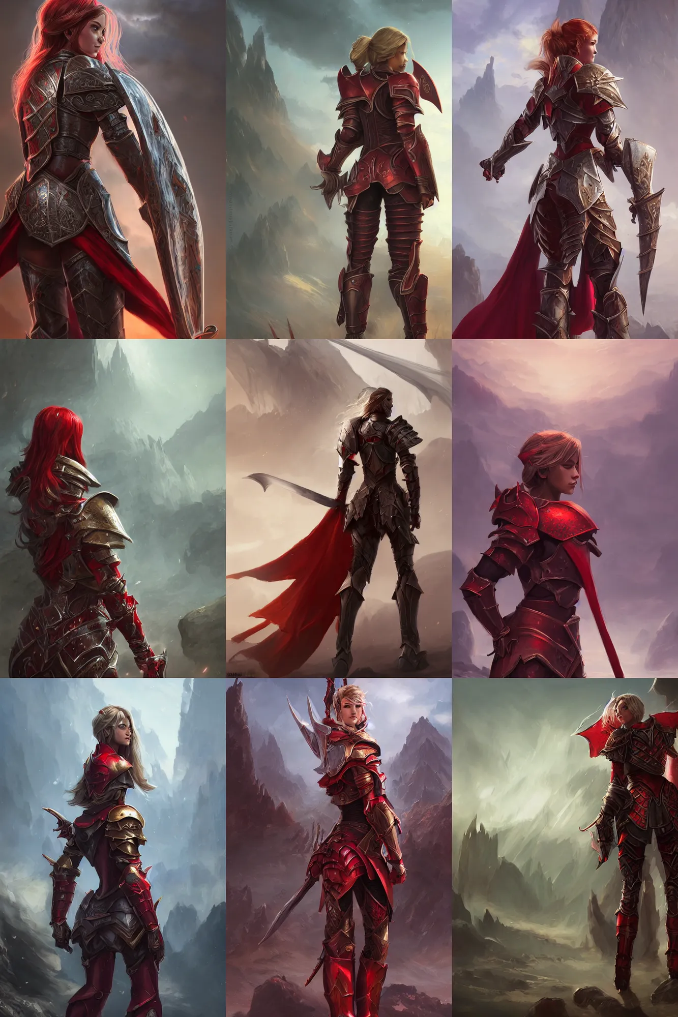Prompt: Female paladin, dnd, d&d, red armor, looking from behind, high fantasy, matte painting, by wlop