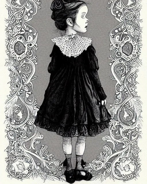 Image similar to little victorian girl, black ink on paper, trending on artstation, beautiful, intricate, detailed