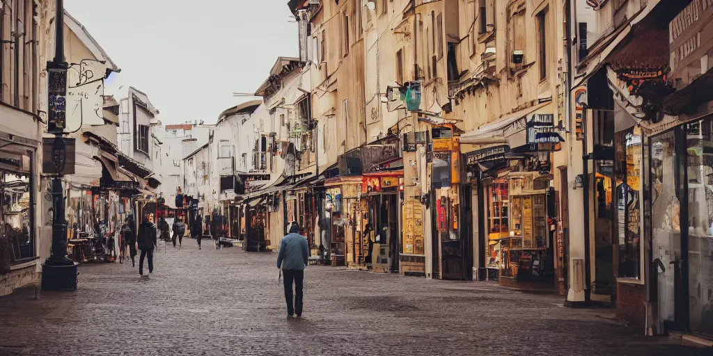 Image similar to a man walking in the town, wide - shot, professional color photograph