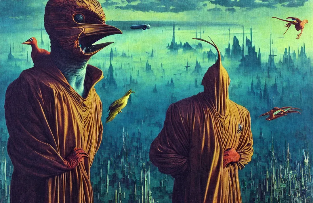 Image similar to realistic detailed portrait movie shot of a birdman wearing a dark robes, sci fi city landscape background by denis villeneuve, amano, yves tanguy, alphonse mucha, ernst haeckel, max ernst, roger dean, masterpiece, rich moody colours, dog teeth, blue eyes, sunset