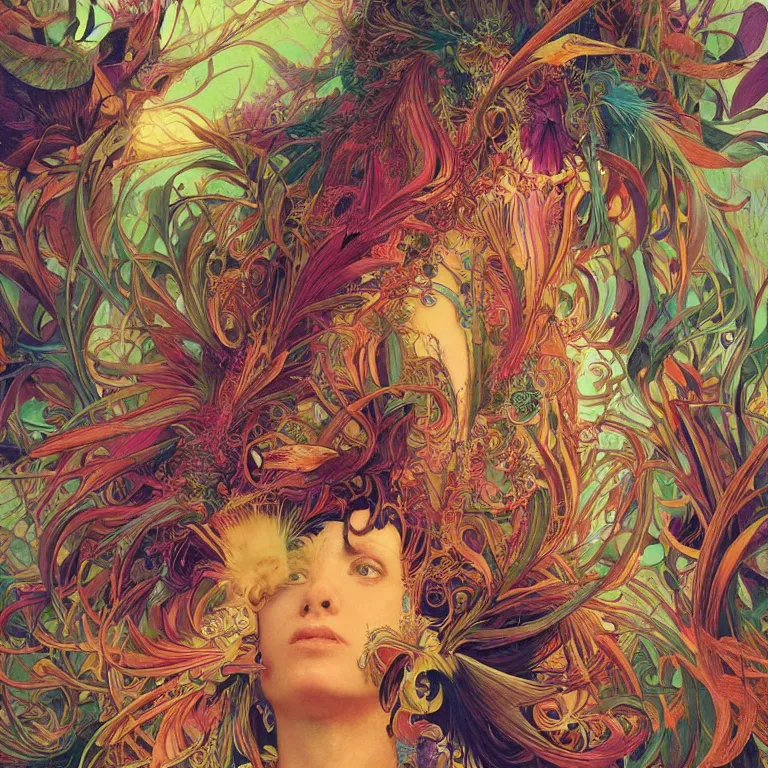 Image similar to A reality bending psychedelic ayahuasca experience, colorful, distorted, surreal, tropical bird feathers, dramatic lighting on the face, intricate, elegant, highly detailed, digital painting, concept art, smooth, sharp focus, illustration, art by Krenz Cushart and Wayne Barlowe and alphonse mucha