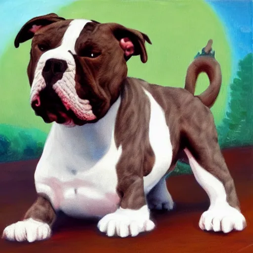 Image similar to pitbull bulldog mix with brindle coat and white paws and white chest playing with a dinosaur plushie. oil painting. impressionist. sunny day.