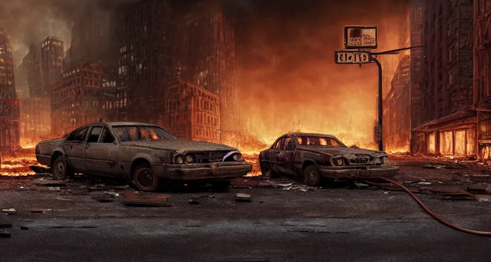 Prompt: A beautiful hyper realistic ultra detailed lifelike matte painting of a scruffy Timber Wolf standing in the middle of an abandoned post-apocalyptic New York City street at night with cars and buildings enflamed on fire, unreal engine, deviantart, flickr, artstation, octane render, textured, colorful, extreme realistic detail, physically based rendering, pbr render, very detailed, volumetric lighting, detailed lighting, octane render, 4k, cinematic lighting, 8k resolution