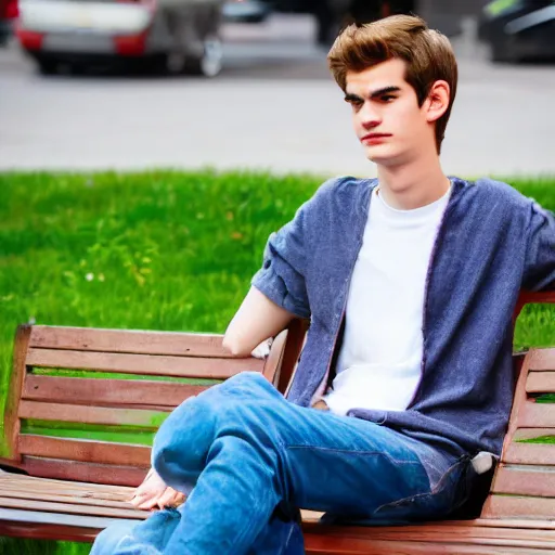 Prompt: photo of sad teenage andrew garfield sitting on a bench in a park, two crutches near bench, wearing shirt and trouser, street of moscow, shallow depth of field, cinematic, 8 0 mm, f 1. 8