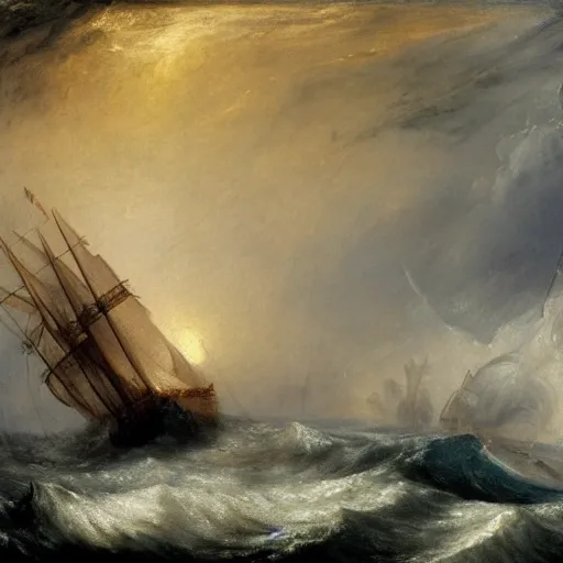 Prompt: giant octopus attacking a sailing fregate on a stormy ocean, by jmw turner