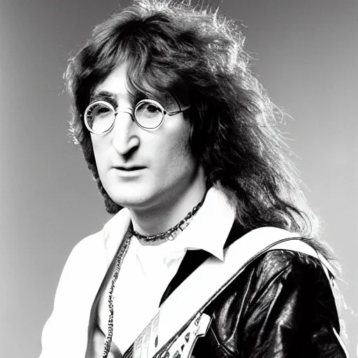 Image similar to John Lennon in a hair metal band, HD, high resolution, intricate detail