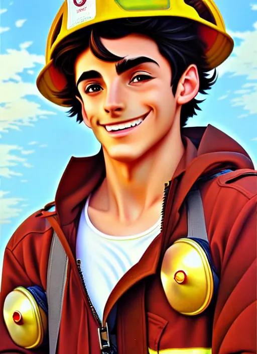 Image similar to cute chris mears firefighter, natural lighting, path traced, highly detailed, high quality, digital painting, by don bluth and ross tran and studio ghibli and alphonse mucha, artgerm