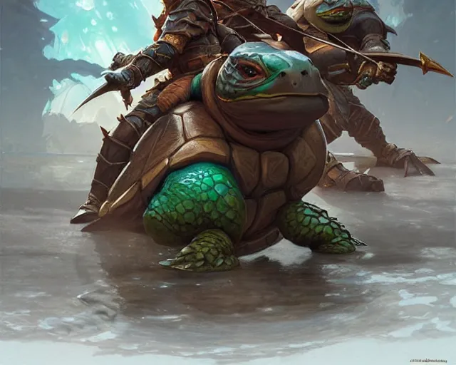 Prompt: battle turtles, deep focus, d & d, fantasy, intricate, elegant, highly detailed, digital painting, artstation, concept art, matte, sharp focus, illustration, hearthstone, art by artgerm and greg rutkowski and alphonse mucha