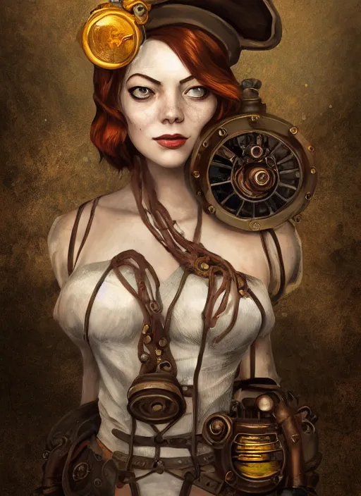 Prompt: underwater steampunk bioshock pirate portrait of emma stone, octopus, hyper detailed, digital art, trending in artstation, cinematic lighting, studio quality, smooth render, unreal engine 5 rendered, octane rendered, art style by klimt and nixeu and ian sprigger and wlop and krenz cushart.