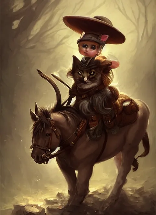 Image similar to cute little cat with wide - brimmed hat riding horse, tiny, small, miniature animal, baby animal, short, pale black armor, cute and adorable, pretty, beautiful, dnd character art portrait, matte fantasy painting, deviantart artstation, by jason felix by steve argyle by tyler jacobson by peter mohrbacher, cinematic lighting