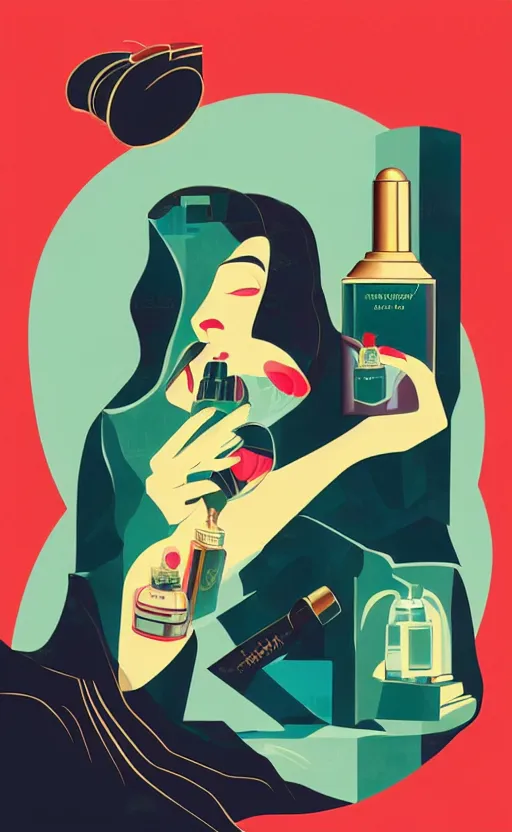 Image similar to illustration with hand holding beautiful bottle of perfume near nose, sniffing the aroma, an art deco painting by tom whalen, trending on behance, art deco, digital illustration, storybook illustration, grainy texture, flat shading, vector art, airbrush, pastel, watercolor, poster