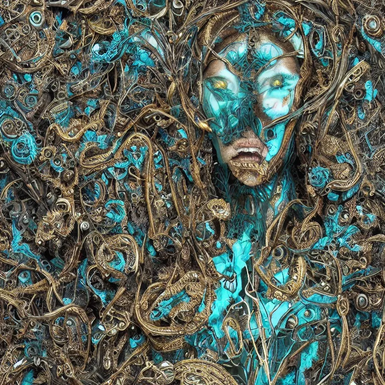 Image similar to dark scene, ultra detailed, of a metal face, biomechanical cyborg. big leaves and large Dragonflies, stems, roots, fine foliage lace, turquoise gold details, high fashion haute couture, art nouveau fashion embroidered, intricate details, mesh wire, mandelbrot fractal, anatomical, facial muscles, cable wires, elegant, hyper realistic, dark flower pattern wallpaper, ultra detailed