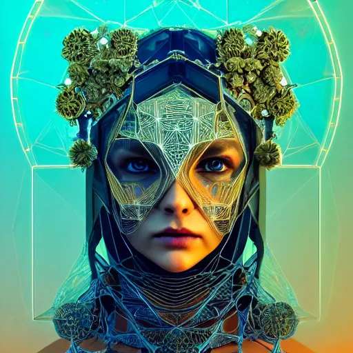 Image similar to beautiful symmetrical face portrait android woman time machine axonometric mechanical fantasy intricate elegant highly detailed in volumetric void of latent space lush flowers intricate jewellery, realm of the gods golden turquoise steampunk, axonometric high contrast cinematic light, mystical shadows, digital painting, sharp focus, octane render, photographic, concept art, artist leonardo davinci, unreal engine 8 k